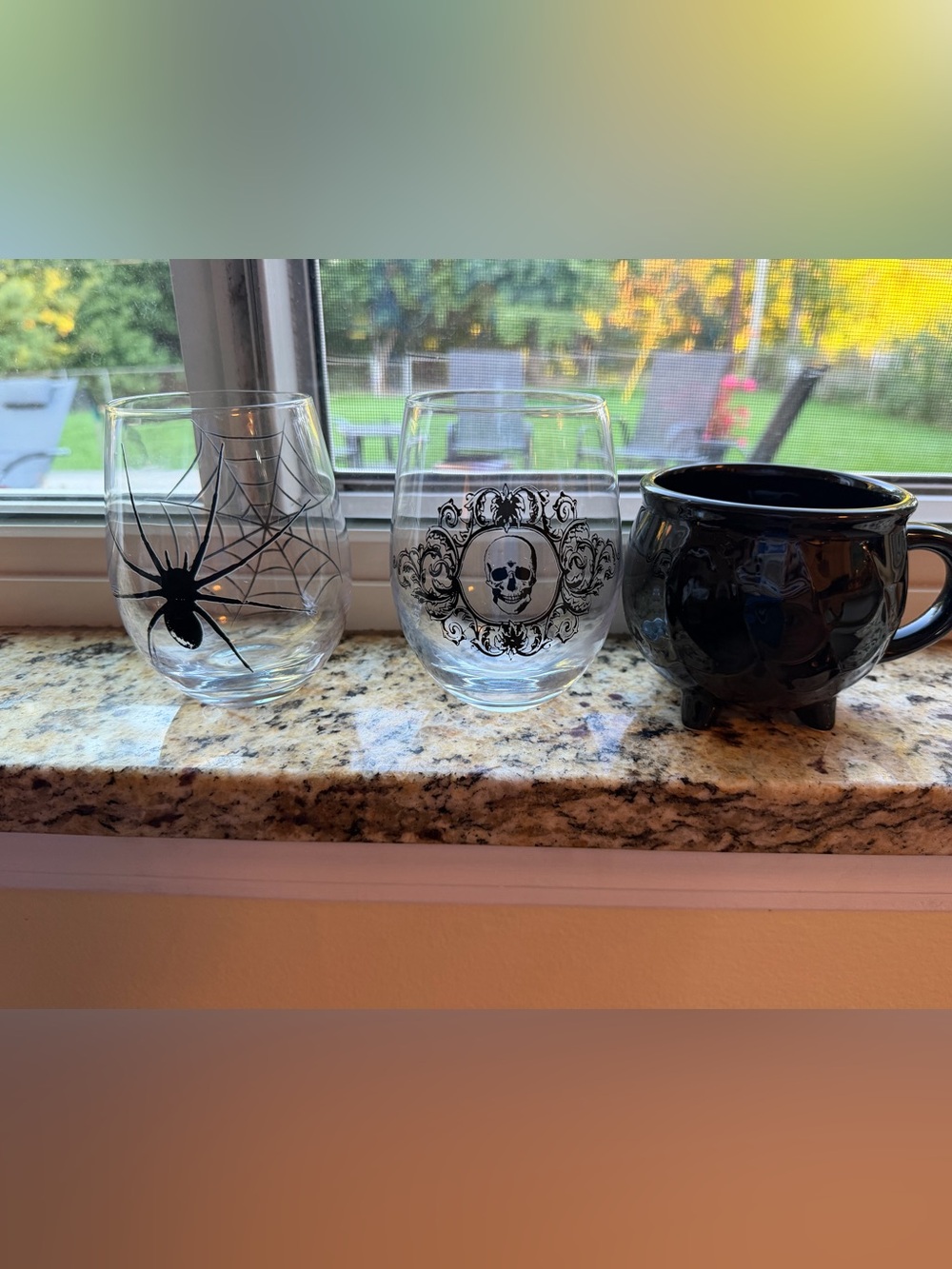 Halloween Glassware Set - Black Spider, Skull, and Cauldron Mug